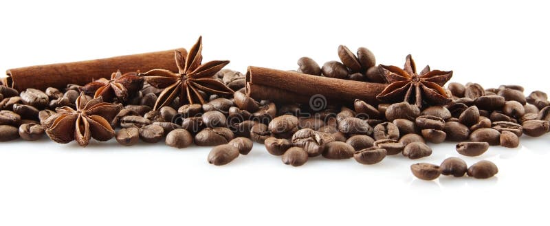 Scattered coffee beans in line on white