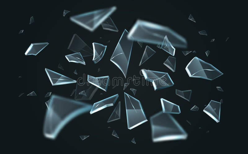 Scattered glass shatters. Realistic explosion flying sharp particles, broken transparent fragments, different 3D pieces