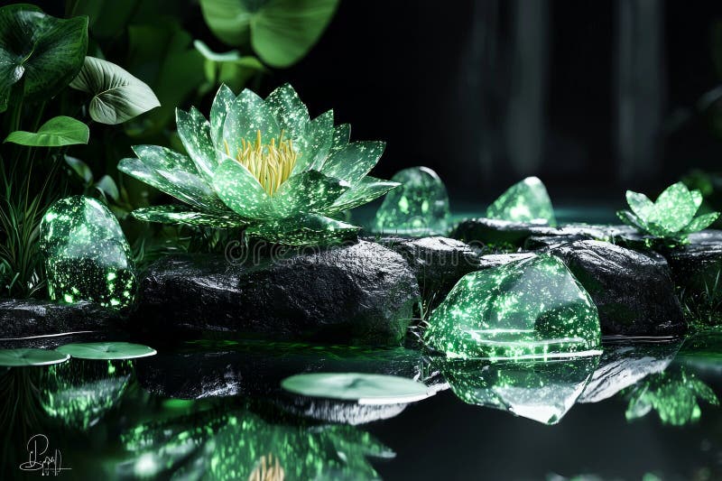 Scattered glowing green stones shine softly in magical garden surrounded vibrant bioluminescent plants. tranquil pond stock images