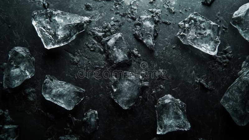 Scattered ice cubes on a dark surface. stock photo