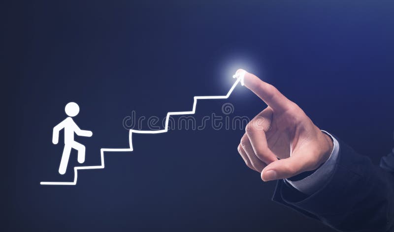 Goal Setting And Achievement. Businessman`s Hand Drawing Staircase Steps For Stickman Over Blue Background. Collage. Goal Setting And Achievement. Businessman`s Hand Drawing Staircase Steps For Stickman Over Blue Background. Collage