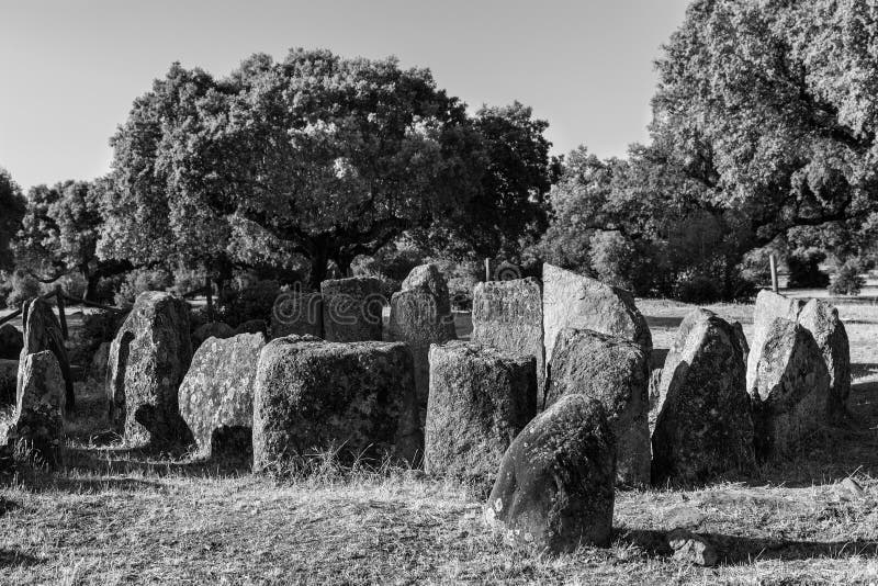 Scatto in scala di grigi del Dolmen della grande quercia di montehermoso spagna fotografia stock libera da diritti
