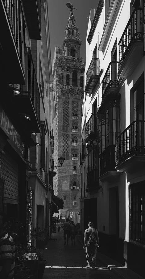 Scatto in scala di grigi verticale di un vicolo stretto attraverso edifici di città moderne fotografia stock