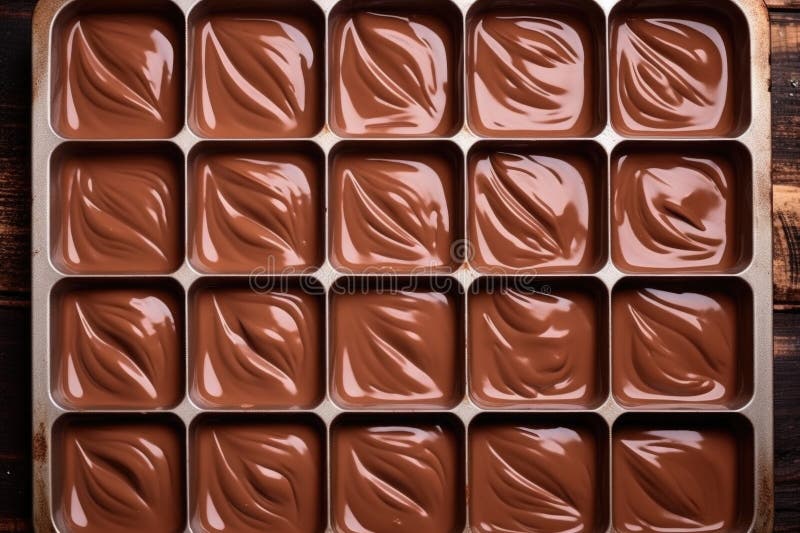 Scatto in testa di un vassoio per la colata di cioccolato al latte riempito di cioccolato liquido royalty illustrazione gratis