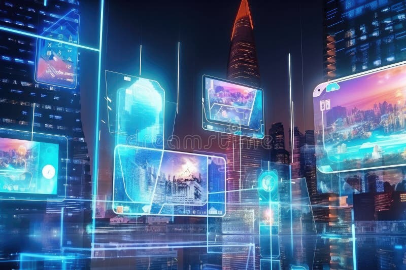 sceen of futuristic city, with holographic advertisements and electric lights