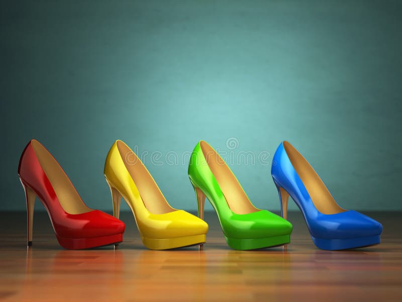 Scelta delle scarpe dei tacchi alti nei colori differenti su verde d'annata illustrazione di stock