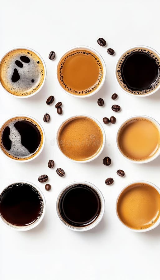 Scelta di caffè diverse nove tazze in takeaway con diversi tipi di caffè su fondo bianco illustrazione vettoriale