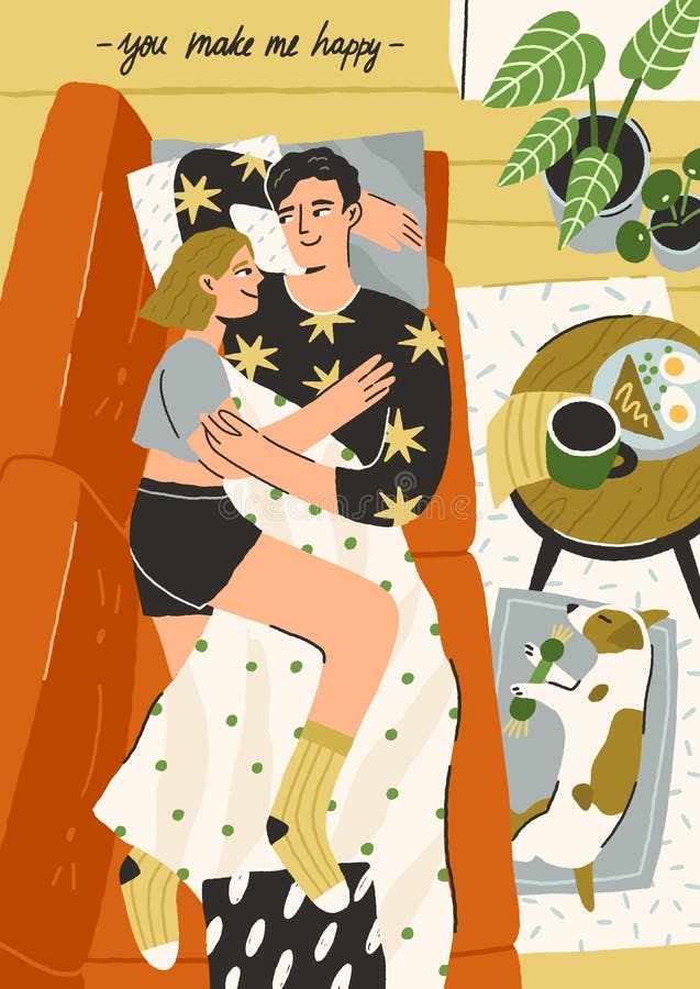 Scen med ett par i kärlek, kramning och avslappning tillsammans. lycklig ung man och kvinna i romantiska relationer som vilar på stock illustrationer