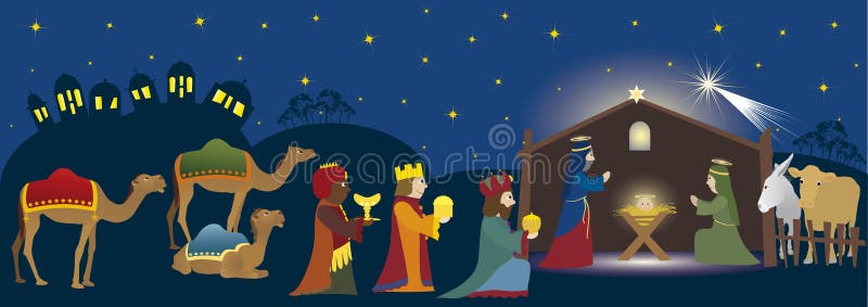 Three Kings coming to Bethlehem, nativity scene whit three magi, Jesus, Mary, Josef and animals, Biblical scene. Three Kings coming to Bethlehem, nativity scene whit three magi, Jesus, Mary, Josef and animals, Biblical scene