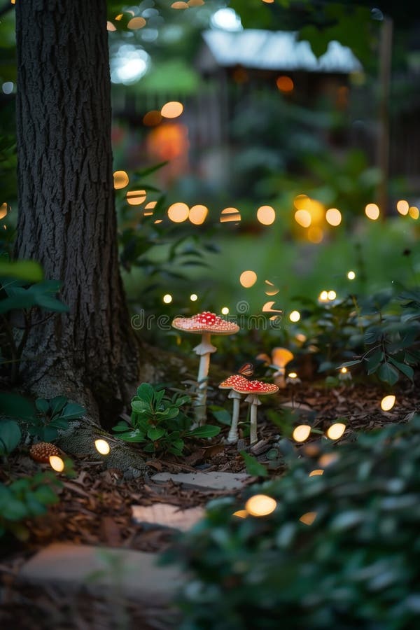 Scena capricioasă de ciuperci cu lumini împrăștiate ambianță de basm frunziș luxuriant și atmosferă magică de grădină stock photo