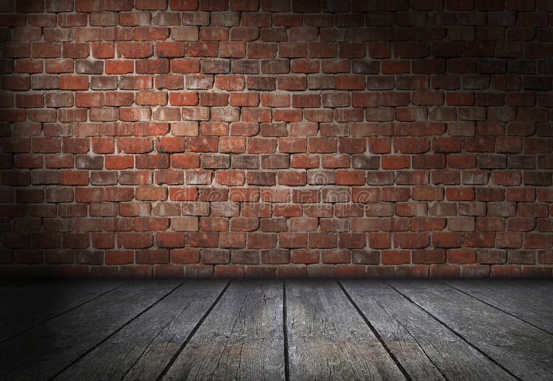 Scena con il riflettore sul fondo rosso del muro di mattoni Stanza vuota dei mattoni con il vecchio pavimento di legno illustrazione vettoriale