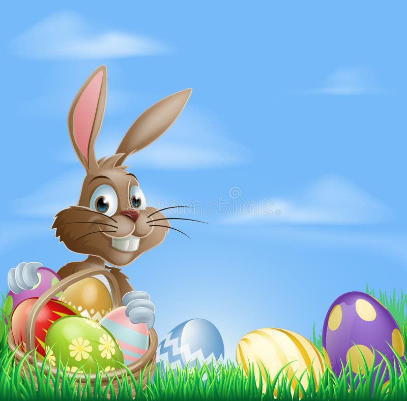 Easter background with copyspace in the sky featuring a cute Easter Bunny and lots of painted Easter Eggs. Easter background with copyspace in the sky featuring a cute Easter Bunny and lots of painted Easter Eggs