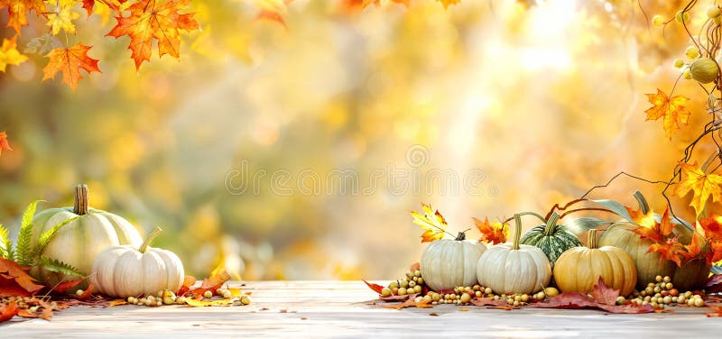 Scena del raccolto autunnale con zucche colorate e foglie autunnali su tavola di legno rustico. striscione illustrazione vettoriale