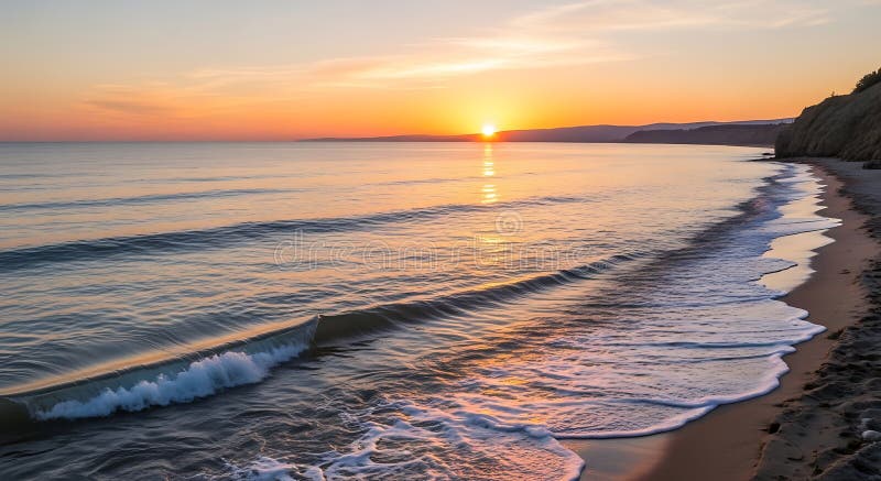 Scena del tramonto su una tranquilla spiaggia con onde delicate che si affacciano sulla costa. illustrazione di stock