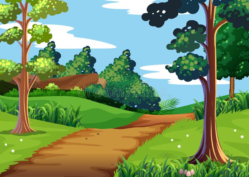 Scena della natura con la foresta e la traccia di camminata illustrazione di stock Scena della natura con la foresta e la traccia di camminata illustrazione di stock