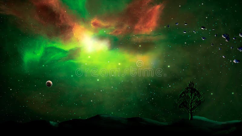 Scena dello spazio Nebulosa verde e rossa con il silhouett della terra e del pianeta royalty illustrazione gratis Scena dello spazio Nebulosa verde e rossa con il silhouett della terra e del pianeta royalty illustrazione gratis