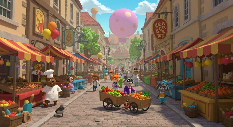 Scena di mercato animata e incantevole, con animali antropomorfi in movimento illustrazione di stock