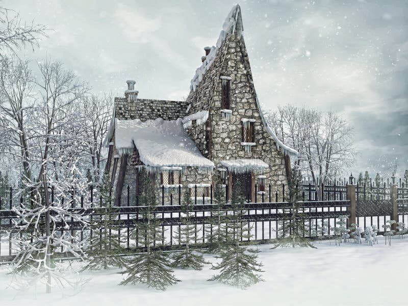 Scena di neve con un vecchio cottage