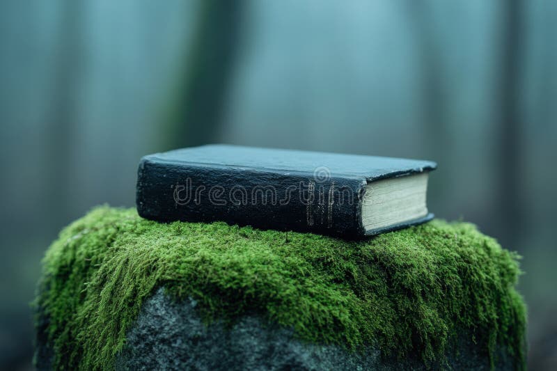Scena di una foresta di fantasy un libro di rituali magici si staglia su un piedistallo di un topo in una luna di bosco, creando i fotografia stock