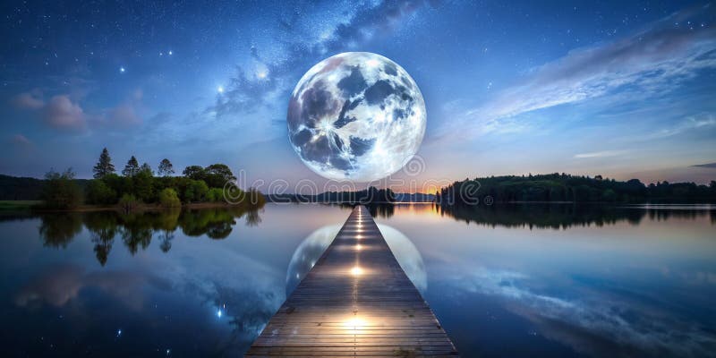 Scena di una luna di superllo sorgere su un lago tranquillo che getta un sentiero di light ai generative fotografia stock libera da diritti