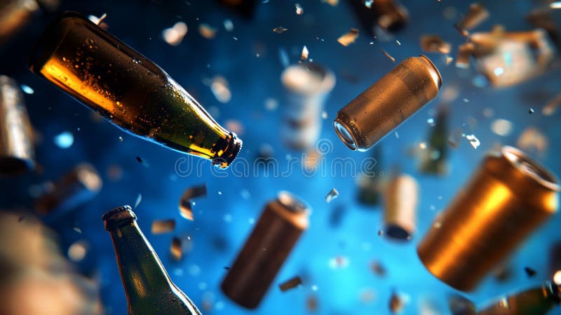 Scena dinamică a sticlelor și a cutiilor de bere în zbor pe fond albastru închis, neclar stock illustration
