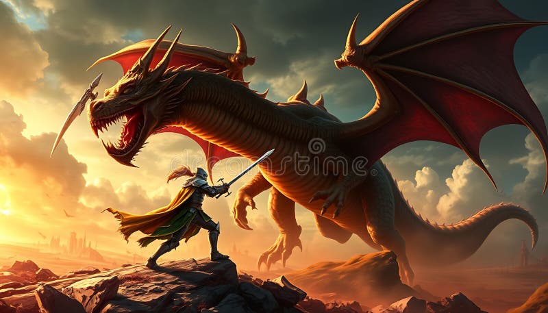 Scena fantezie a unui cavaler care se luptă cu un dragon roșu înverșunat în arta peisajului stâncos. AI Stock Photo Generative vector illustration