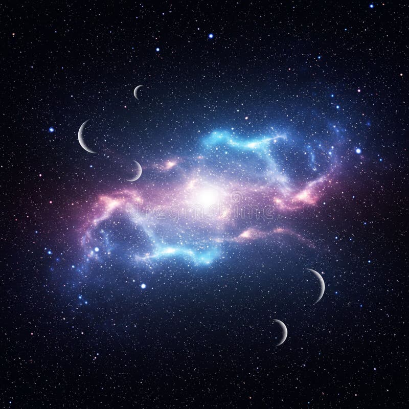 Scena galattica chiara e eterea con nuvole girevoli di nebulose blu e viola. A royalty illustrazione gratis