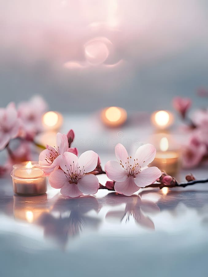 Scena Generative AI Tranquil con Cherry Blossoms e Candlight Reflection. fotografia stock libera da diritti