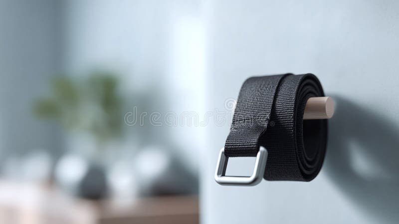 Scena interioară minimalistă cu o centură din țesătură neagră înfășurată frumos pe un pix de lemn pe un perete senin moale vector illustration