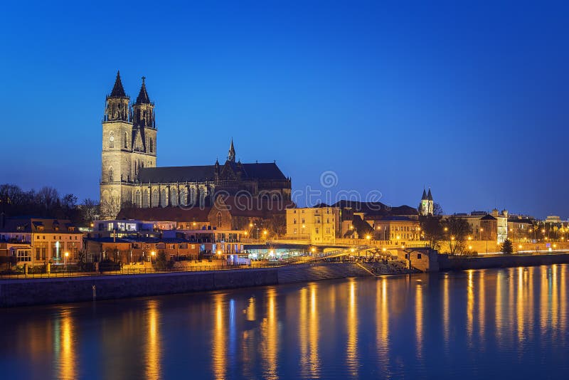 Night scene city Magdeburg with river Elbe in Saxony Anhalt Germany. Night scene city Magdeburg with river Elbe in Saxony Anhalt Germany