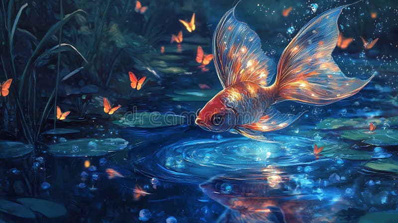 Scena magica di un pesce con ali di farfalla che svolazzano sopra uno stagno luminoso pieno di luci incantate illustrazione vettoriale