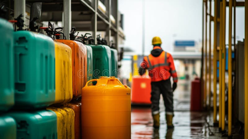Scena przemysłowa z żywymi barwnymi plastikowymi beczkami, w tym pomarańczowymi i białymi, starannie ułożonymi na metalowych półka ilustracja wektor