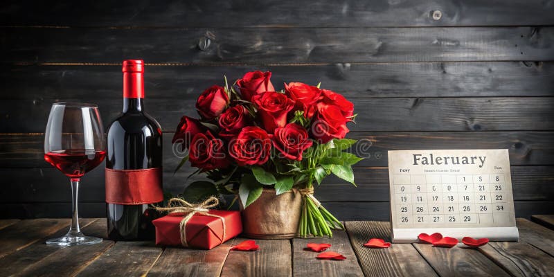 Scena romantică a Zilei Îndrăgostiților O Priveliște Panoramică a Trandafirilor De Vin Rafinat și un Calendar Fermecător pe Întune royalty free illustration