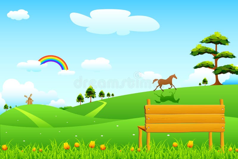 Illustration of countryside rural scene with park bench. Illustration of countryside rural scene with park bench