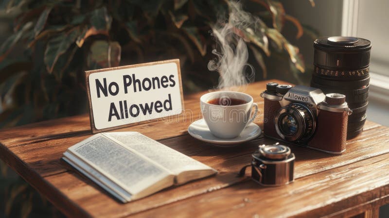 Scena Rustic Cafe accogliente senza telefoni consentiti, con Caffè e videocamere Vintage illustrazione di stock