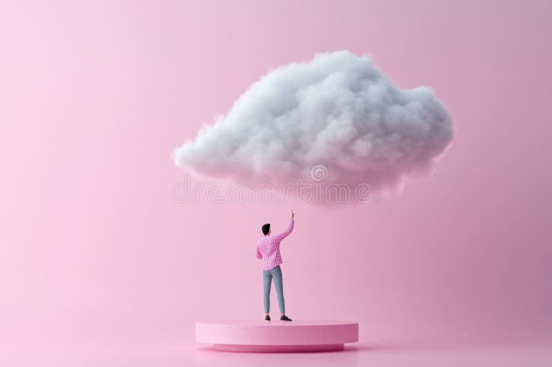 Scena suprarealistă a unui om care caută un nor în setarea minimalistă a roz stock photo