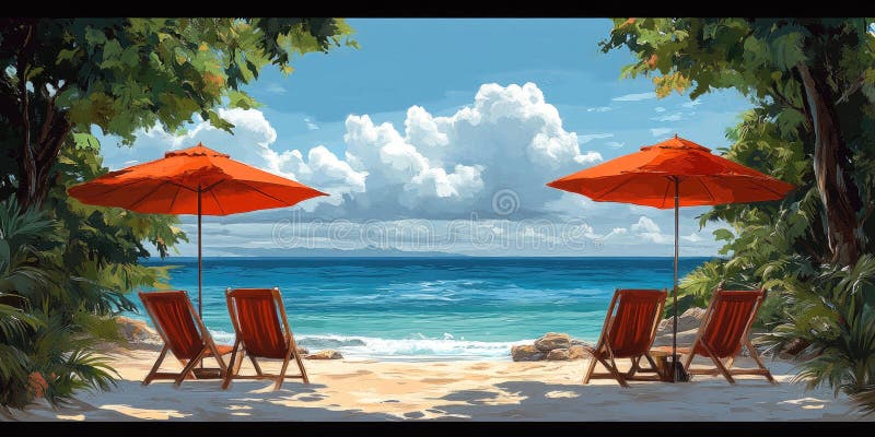 Scena tropicale da spiaggia con ombrelloni e sedie a litorale fotografia stock