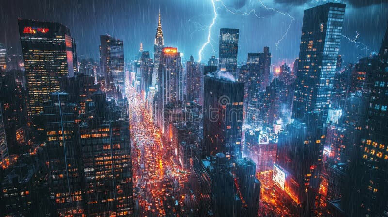 Scena Urbană Dramatică Nocturnă se desfășoară cu Fulgere Uluitoare stock photo