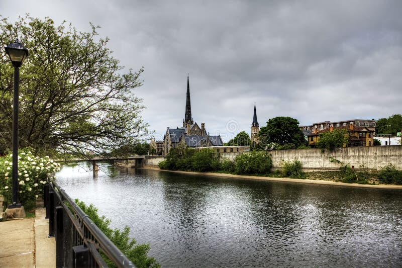 Scene Along Grand River, Cambridge, Ontario, Canada Stock Photo - Image