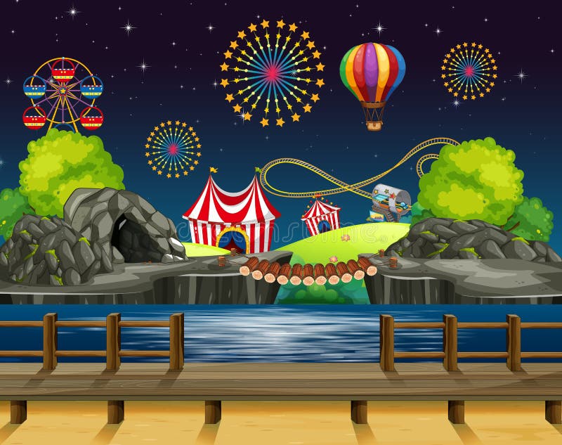 Scene Background Design with Fireworks at the Carnival Stock Vector -  Illustration of cartoon, carnival: 158866589