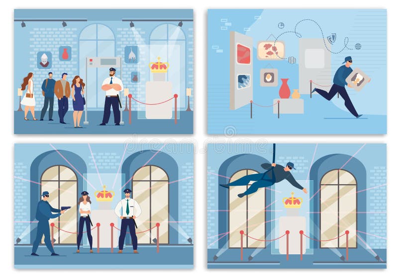 Scene di una guardia di sicurezza e di un furto illustrazione di stock Scene di una guardia di sicurezza e di un furto illustrazione di stock