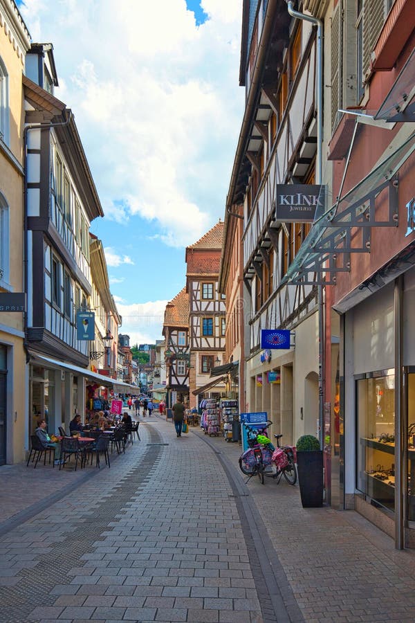 Neustadt an der Weinstrasse, Rhineland-Palatinate, Germany: The Haupstrasse is a pedestrian zone between half-timbered houses. royalty free stock photo Neustadt an der Weinstrasse, Rhineland-Palatinate, Germany: The Haupstrasse is a pedestrian zone between half-timbered houses. royalty free stock photo