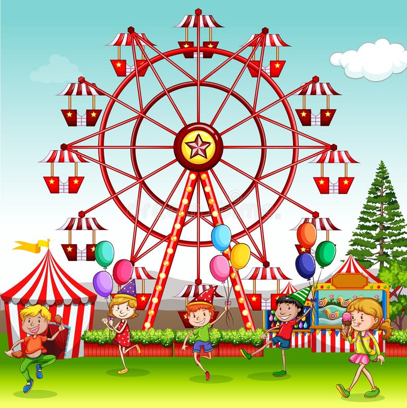 Scene with Happy Children Playing in the Circus Park Stock Illustration ...