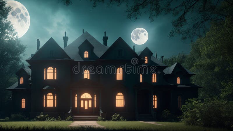 A Scene Of A Harmoniously Abstracted Image Of A House With A Full Moon In The Background AI Generative vector illustration