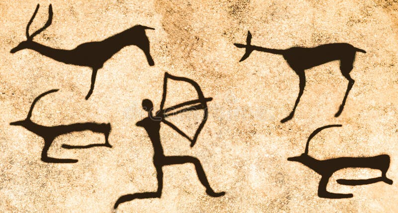 A scene of hunting on the wall of the cave. science. archeology. Ancient people.