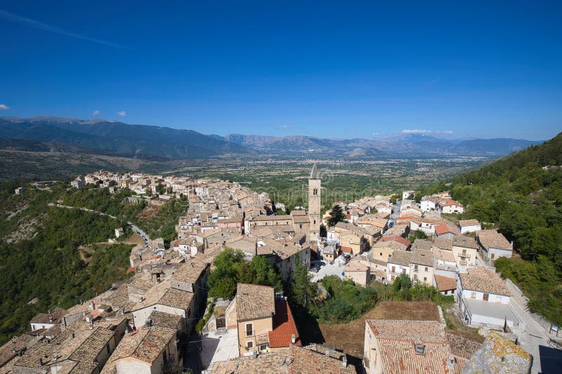 View from a tower of the castle Cantelmo-Caldora down to Pacentro in the province of L\'Aquila in Italy. stock photo View from a tower of the castle Cantelmo-Caldora down to Pacentro in the province of L\'Aquila in Italy. stock photo