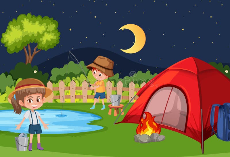 Scene with Kids Camping Out at Night Time Stock Vector Illustration
