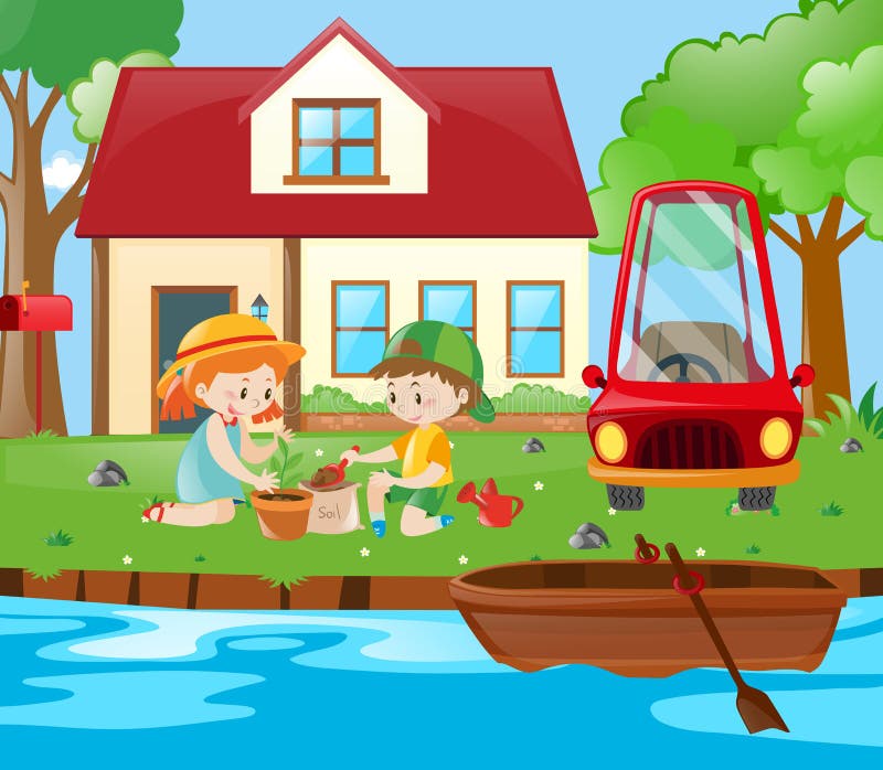 Scene with kids planting at home royalty free illustration