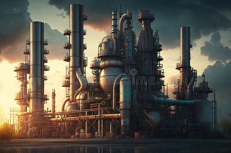 Scene of petroleum processing in factory, refinery complex stock illustration