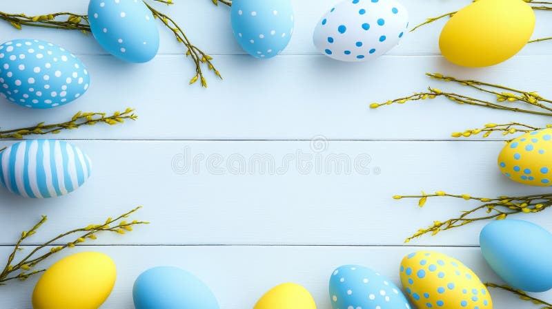 The scene is set with a rustic white wooden background and adorned with minimal Easter eggs and greenery royalty free stock photo